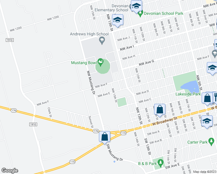 map of restaurants, bars, coffee shops, grocery stores, and more near 605 Northwest 15th Street in Andrews