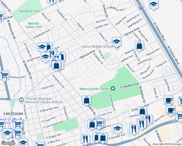 map of restaurants, bars, coffee shops, grocery stores, and more near 1324 Otter Lane in Las Cruces