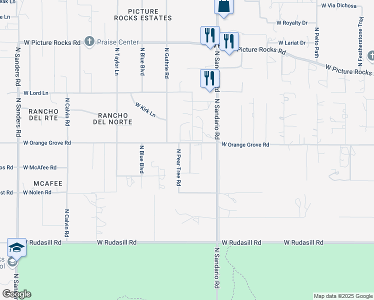 map of restaurants, bars, coffee shops, grocery stores, and more near 6363 North Brushtail Lane in Tucson