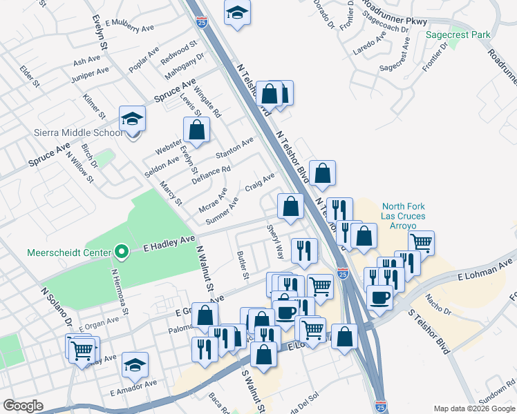 map of restaurants, bars, coffee shops, grocery stores, and more near 621 Sheryl Way in Las Cruces