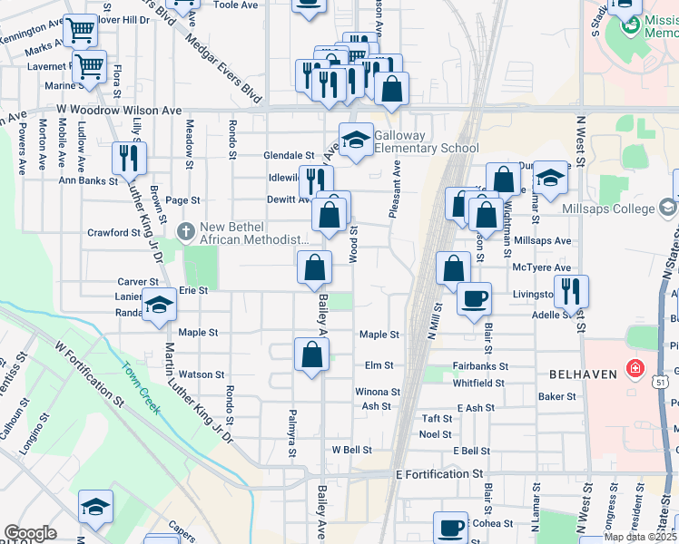 map of restaurants, bars, coffee shops, grocery stores, and more near 207 Huron St in Jackson