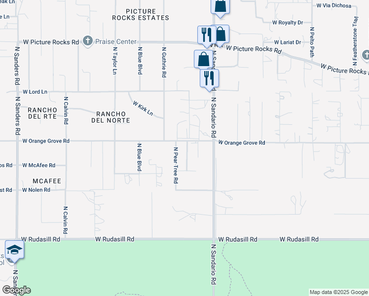 map of restaurants, bars, coffee shops, grocery stores, and more near 6363 North Brushtail Lane in Tucson