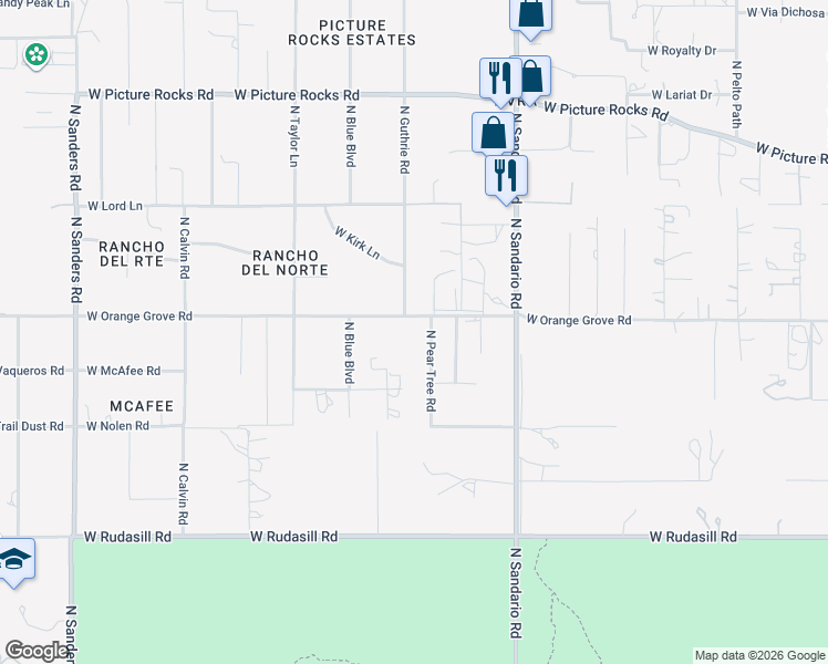 map of restaurants, bars, coffee shops, grocery stores, and more near 11961 West Orange Grove Road in Tucson
