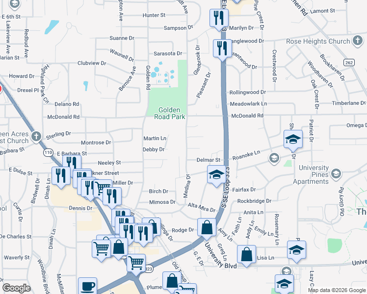 map of restaurants, bars, coffee shops, grocery stores, and more near 2623 South Boldt Avenue in Tyler