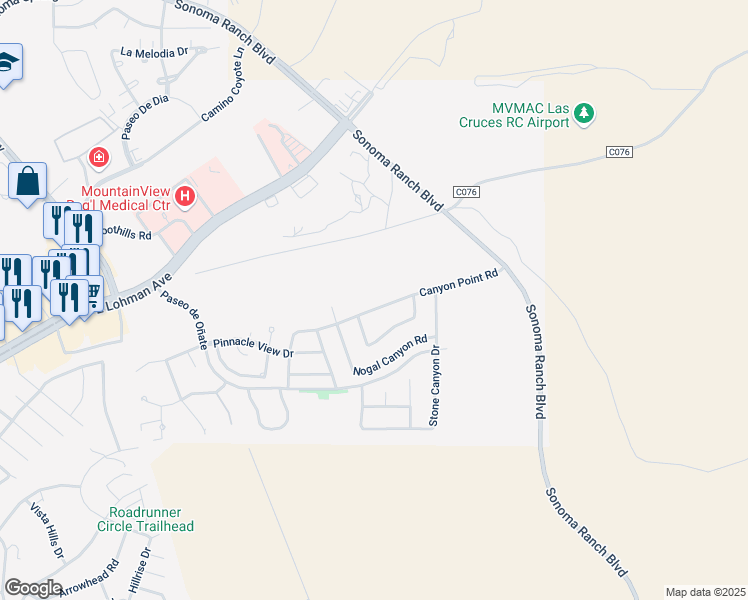 map of restaurants, bars, coffee shops, grocery stores, and more near 578 Canyon Point Road in Las Cruces