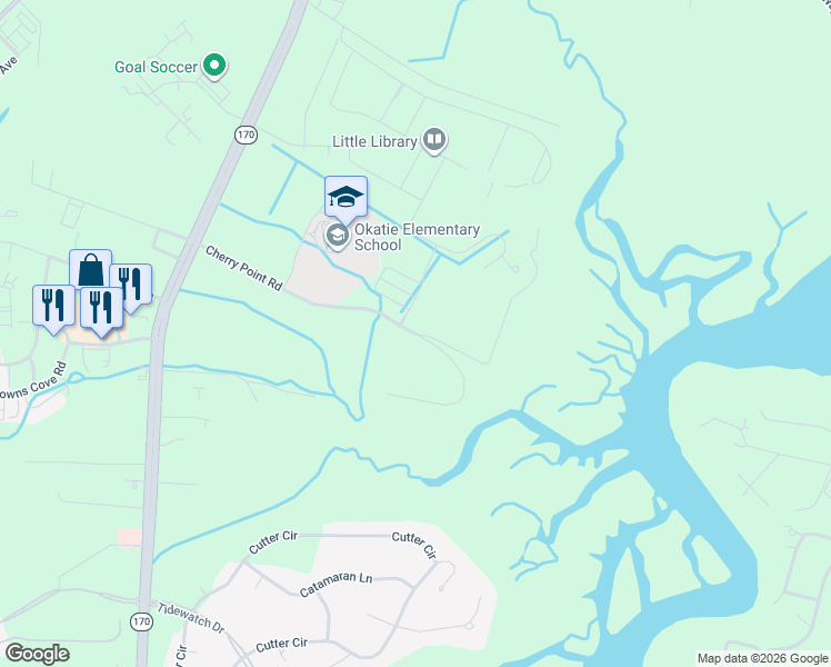 map of restaurants, bars, coffee shops, grocery stores, and more near 140 Cherry Point Road in Okatie