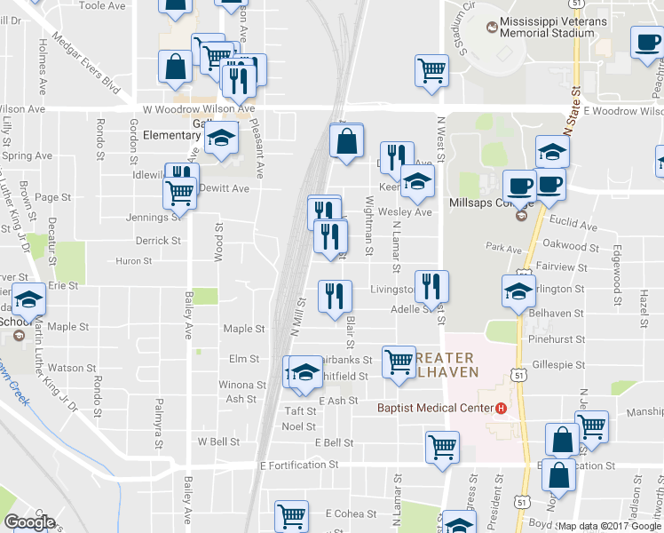 map of restaurants, bars, coffee shops, grocery stores, and more near 123 McTyere Avenue in Jackson