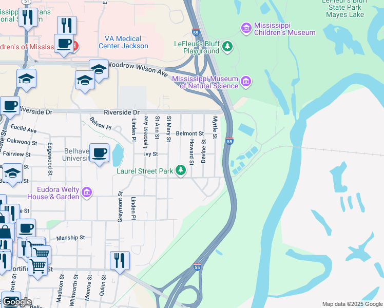 map of restaurants, bars, coffee shops, grocery stores, and more near 1700 Howard Street in Jackson