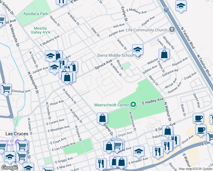 map of restaurants, bars, coffee shops, grocery stores, and more near 1318 Otter Lane in Las Cruces