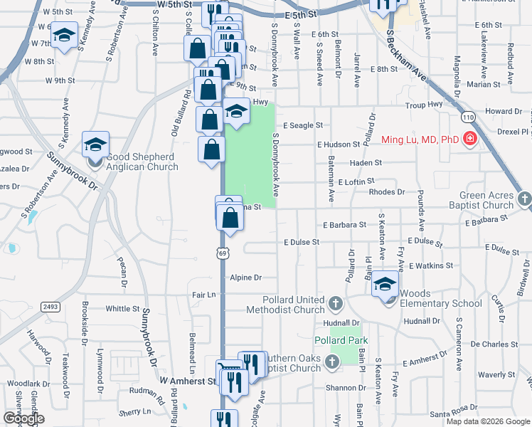 map of restaurants, bars, coffee shops, grocery stores, and more near 2701 South Donnybrook Avenue in Tyler