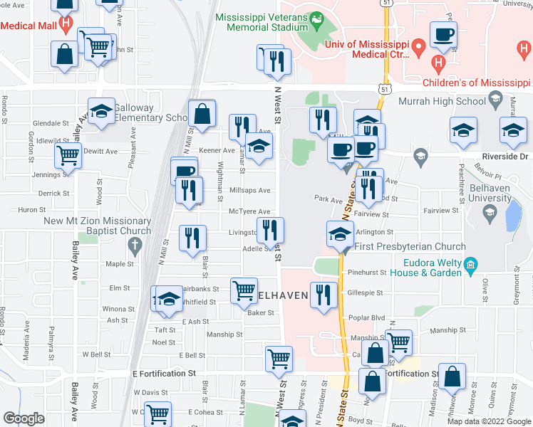 map of restaurants, bars, coffee shops, grocery stores, and more near 333 McTyere Avenue in Jackson