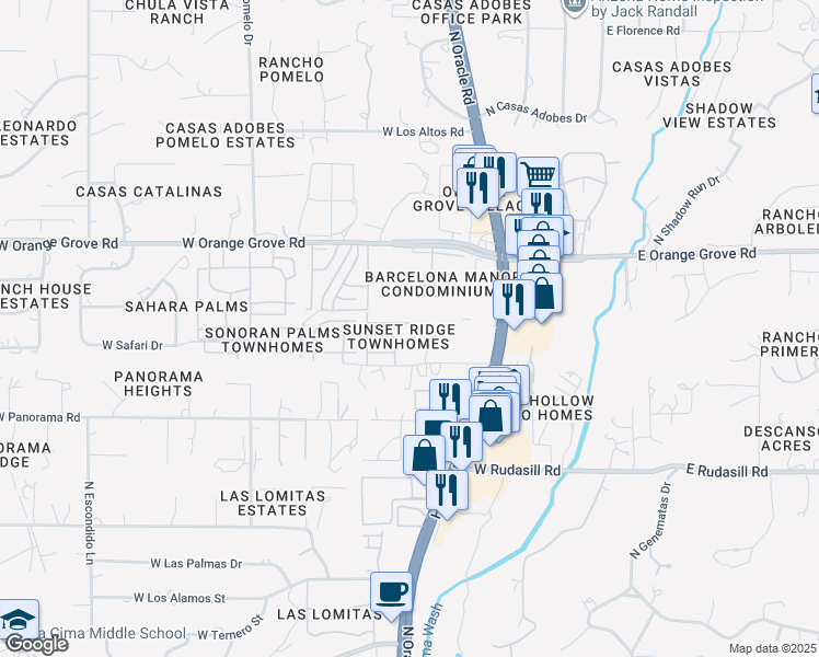 map of restaurants, bars, coffee shops, grocery stores, and more near 6258 North Rockglen Road in Tucson