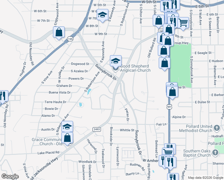 map of restaurants, bars, coffee shops, grocery stores, and more near 2735 Old Jacksonville Highway in Tyler
