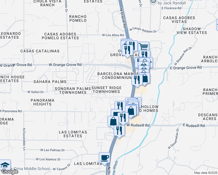map of restaurants, bars, coffee shops, grocery stores, and more near 6258 North Rockglen Road in Tucson