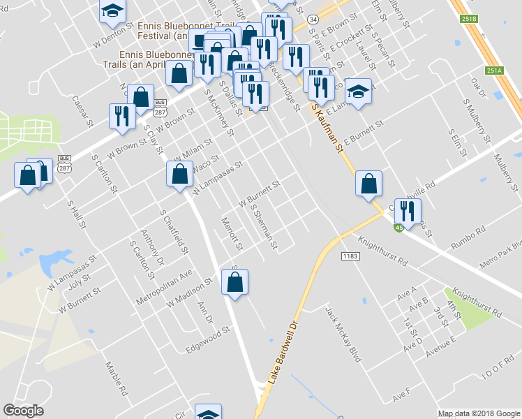 map of restaurants, bars, coffee shops, grocery stores, and more near 810 South Sherman Street in Ennis
