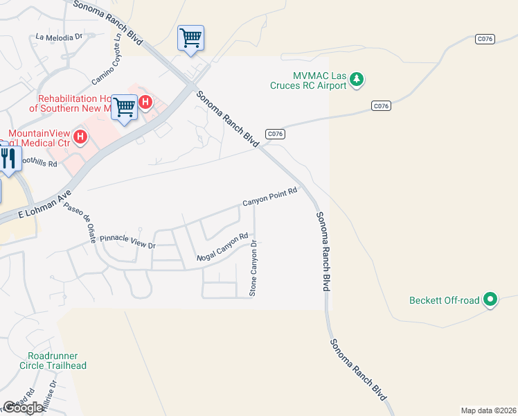 map of restaurants, bars, coffee shops, grocery stores, and more near 607 Stone Canyon Drive in Las Cruces