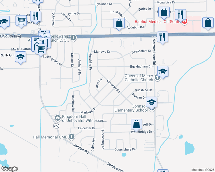map of restaurants, bars, coffee shops, grocery stores, and more near 1507 Flamingo Lane in Montgomery