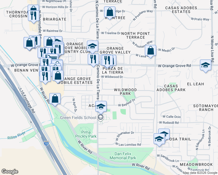 map of restaurants, bars, coffee shops, grocery stores, and more near 3290 West Cinnamon Drive in Tucson