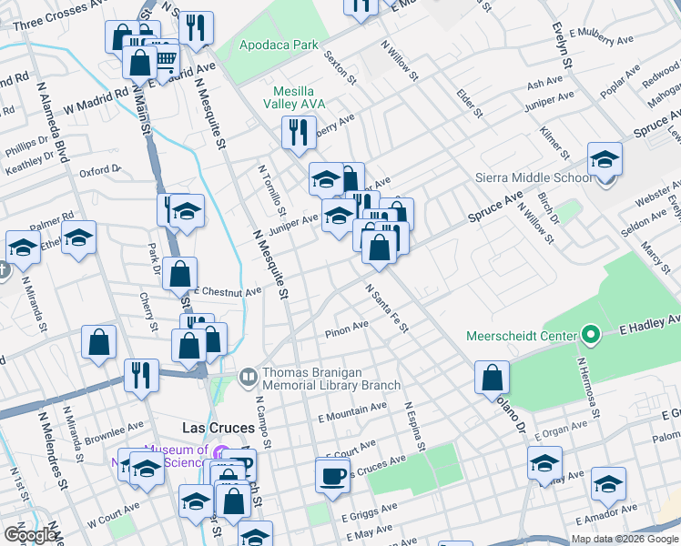 map of restaurants, bars, coffee shops, grocery stores, and more near 1250 North Virginia Street in Las Cruces