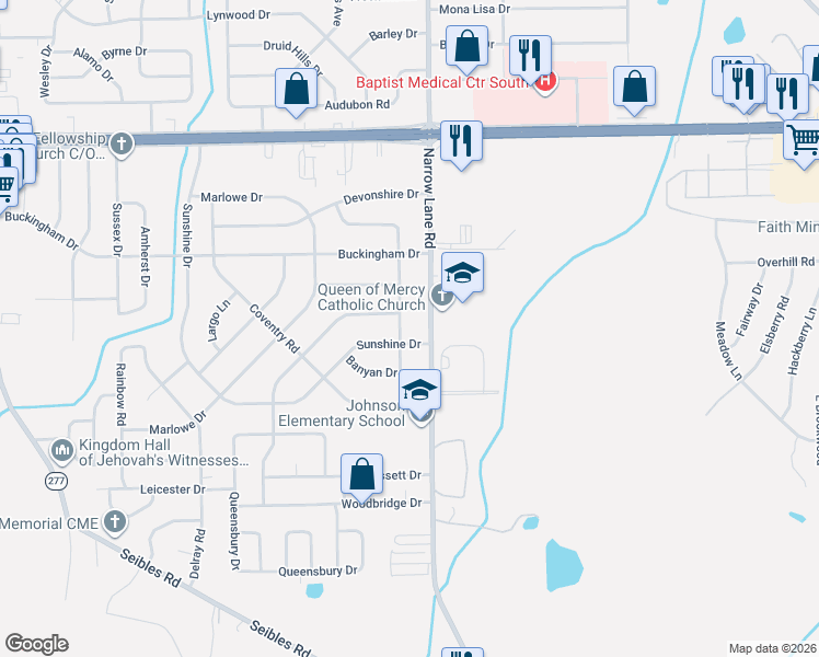 map of restaurants, bars, coffee shops, grocery stores, and more near 1609 Bancroft Avenue in Montgomery