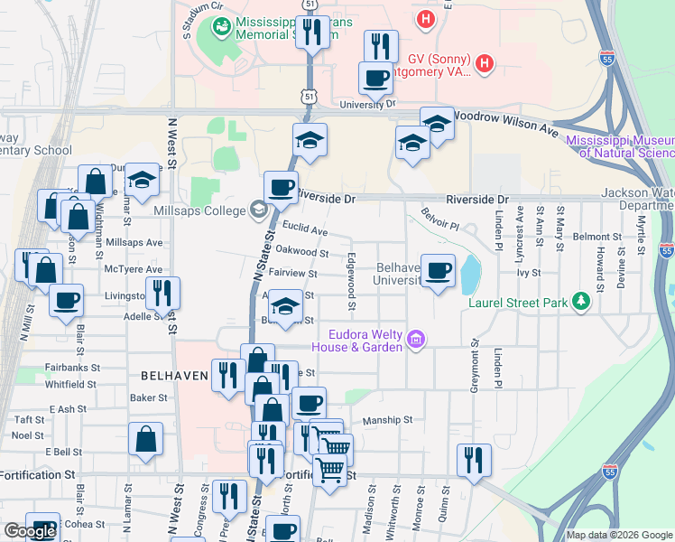map of restaurants, bars, coffee shops, grocery stores, and more near 848 Fairview Street in Jackson