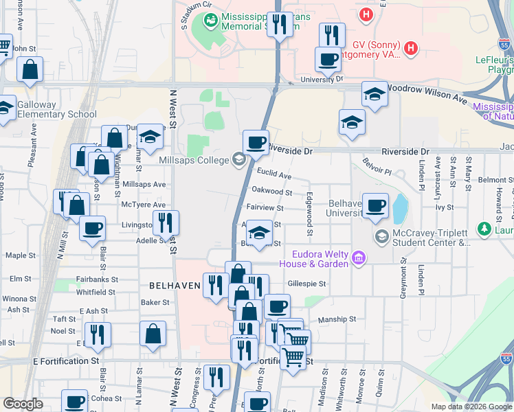 map of restaurants, bars, coffee shops, grocery stores, and more near 734 Fairview St in Jackson