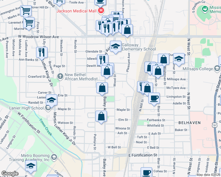 map of restaurants, bars, coffee shops, grocery stores, and more near 207 Huron Street in Jackson