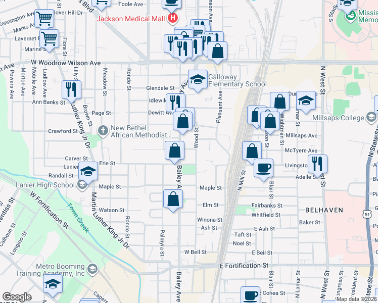 map of restaurants, bars, coffee shops, grocery stores, and more near 207 Huron Street in Jackson