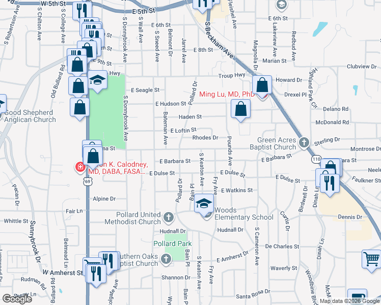 map of restaurants, bars, coffee shops, grocery stores, and more near 801 Wilma Street in Tyler