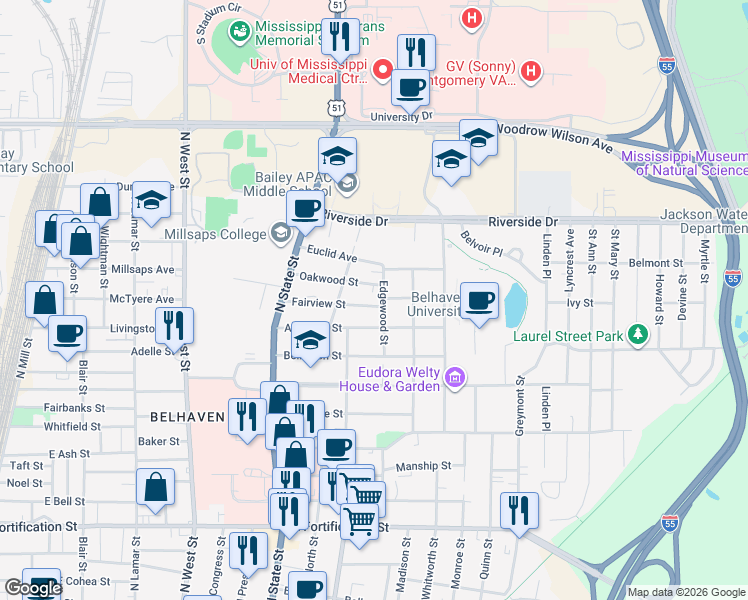 map of restaurants, bars, coffee shops, grocery stores, and more near 848 Fairview Street in Jackson