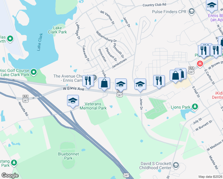 map of restaurants, bars, coffee shops, grocery stores, and more near 2106 West Ennis Avenue in Ennis