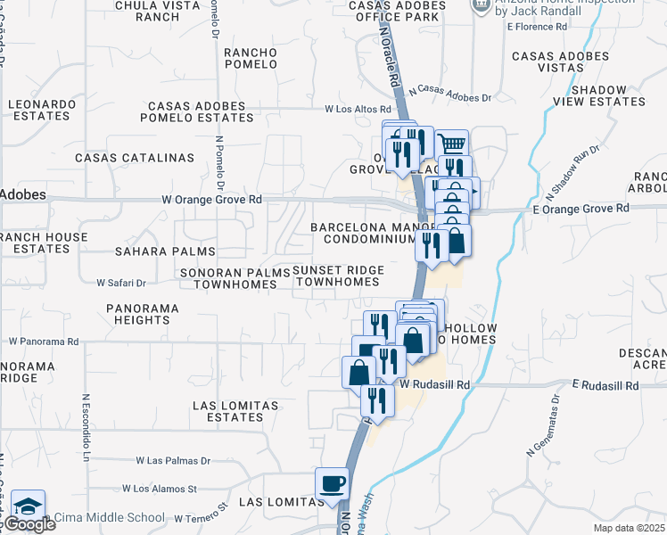 map of restaurants, bars, coffee shops, grocery stores, and more near 6258 North Rockglen Road in Tucson