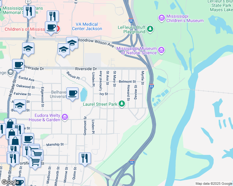 map of restaurants, bars, coffee shops, grocery stores, and more near 1702 Saint Mary Street in Jackson