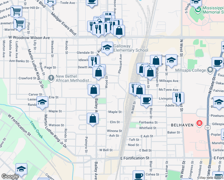 map of restaurants, bars, coffee shops, grocery stores, and more near 1515 Gilmore St in Jackson