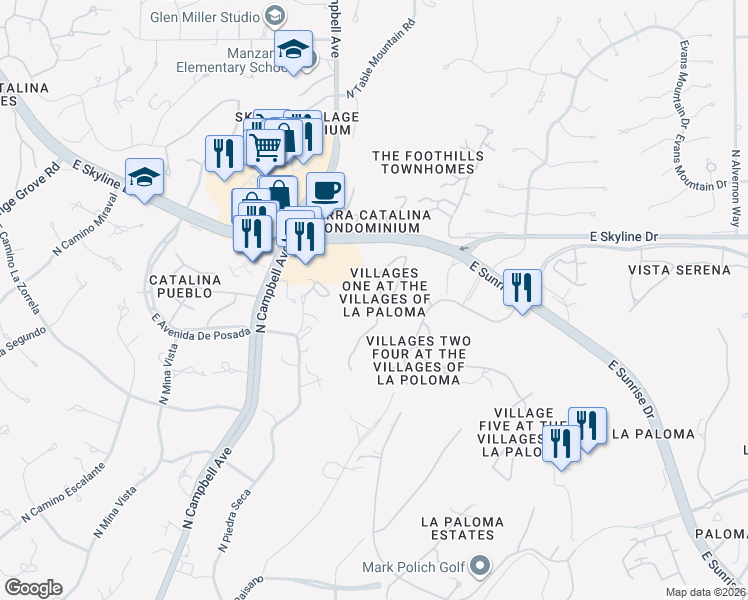 map of restaurants, bars, coffee shops, grocery stores, and more near 6289 North Via Lomas De Paloma in Tucson