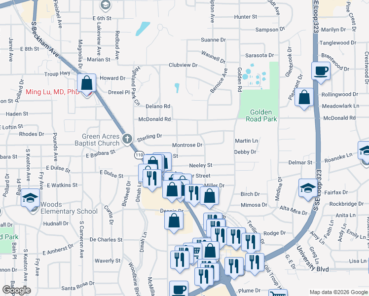 map of restaurants, bars, coffee shops, grocery stores, and more near 1911 Montrose Drive in Tyler