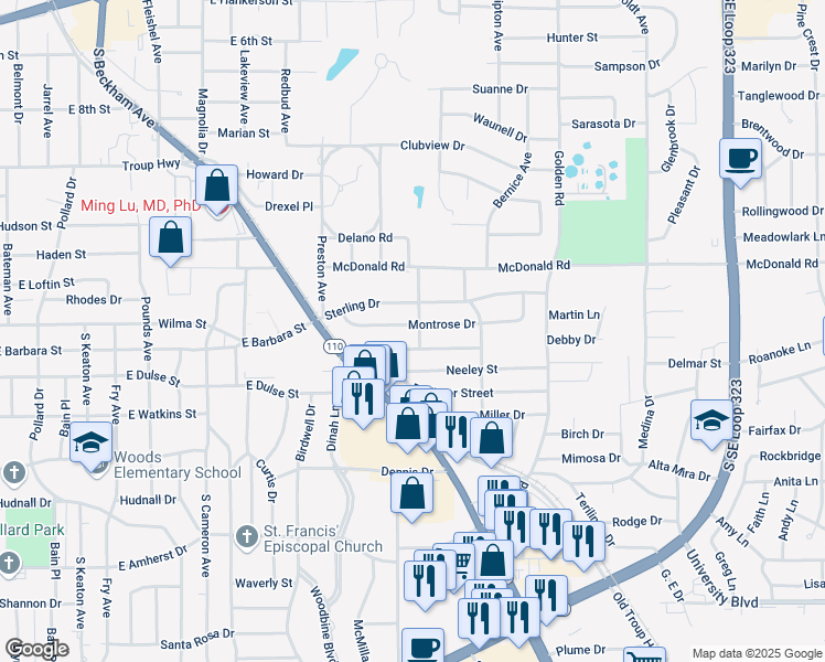 map of restaurants, bars, coffee shops, grocery stores, and more near 1811 Montrose Drive in Tyler