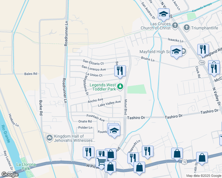 map of restaurants, bars, coffee shops, grocery stores, and more near 2824 Meriwether Street in Las Cruces