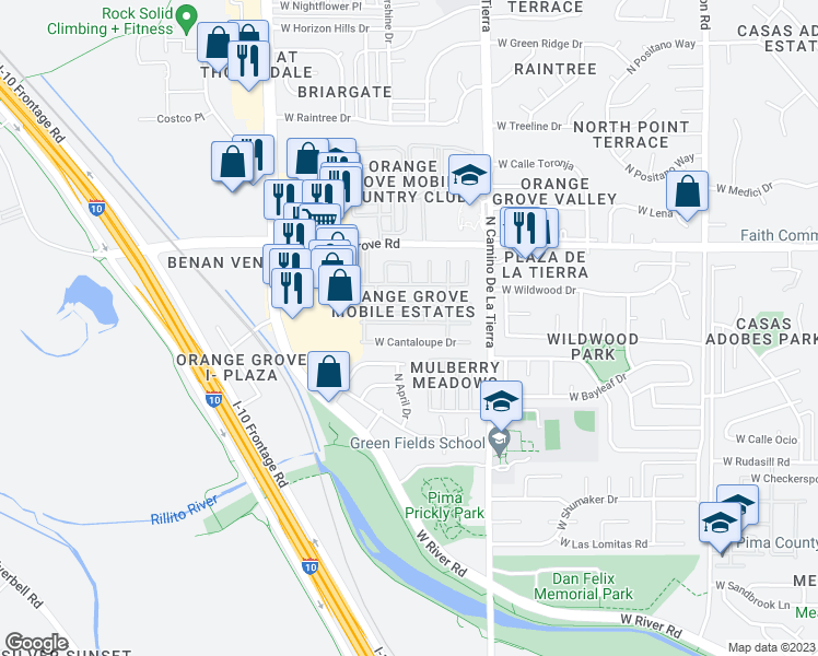 map of restaurants, bars, coffee shops, grocery stores, and more near 3565 West Apricot Drive in Tucson