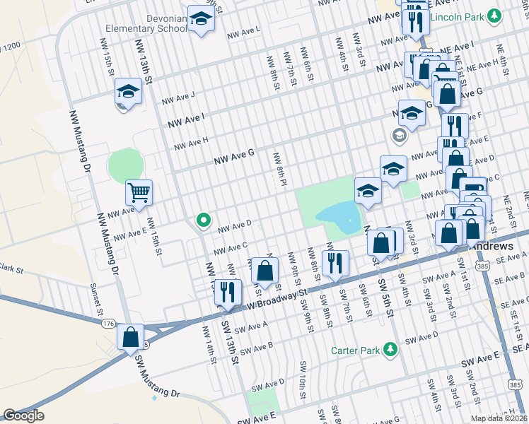map of restaurants, bars, coffee shops, grocery stores, and more near 502 NW 10th St in Andrews