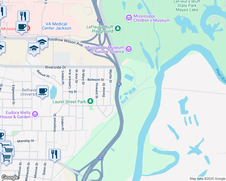 map of restaurants, bars, coffee shops, grocery stores, and more near 1706 Myrtle Street in Jackson