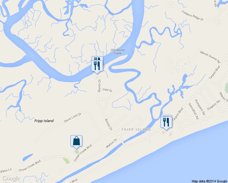 map of restaurants, bars, coffee shops, grocery stores, and more near 357 Blue Gill Road in Saint Helena Island