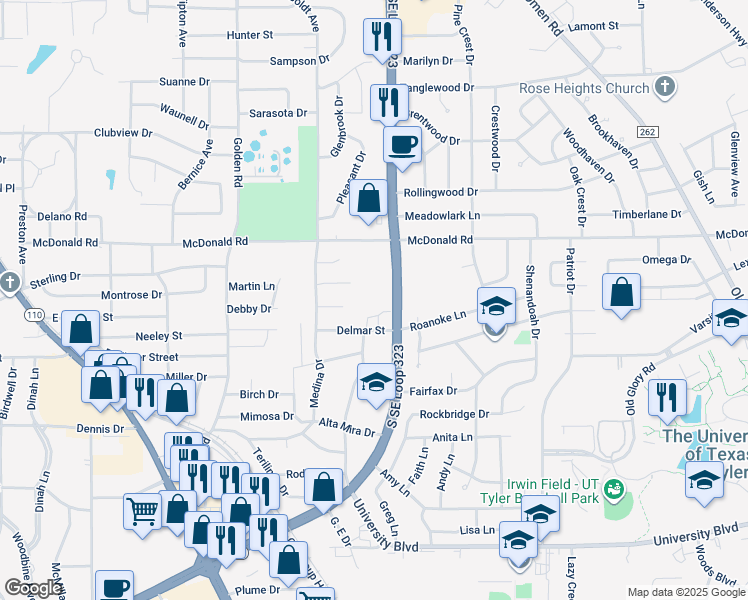 map of restaurants, bars, coffee shops, grocery stores, and more near 2611 South Southeast Loop 323 in Tyler