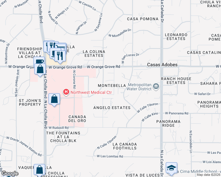 map of restaurants, bars, coffee shops, grocery stores, and more near 1781 West Placita De Vanegas in Tucson