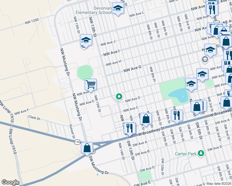 map of restaurants, bars, coffee shops, grocery stores, and more near 601 Northwest 12th Place in Andrews