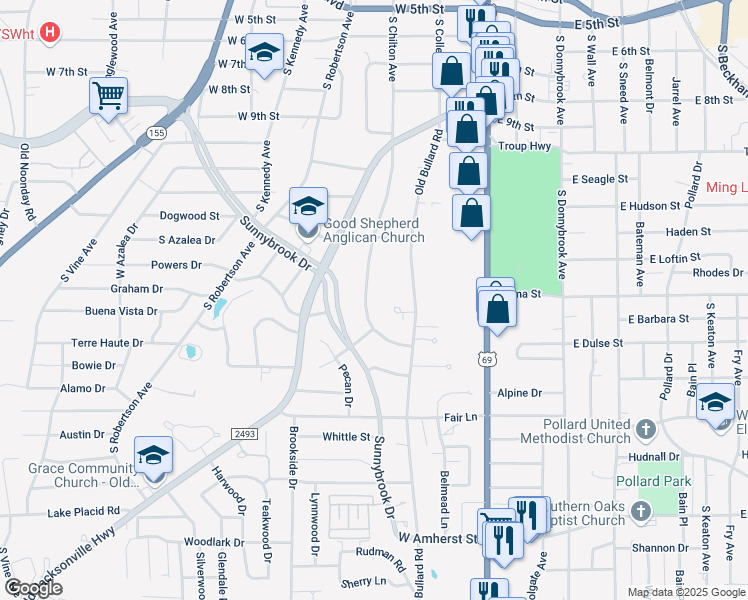 map of restaurants, bars, coffee shops, grocery stores, and more near 2700 South Chilton Avenue in Tyler