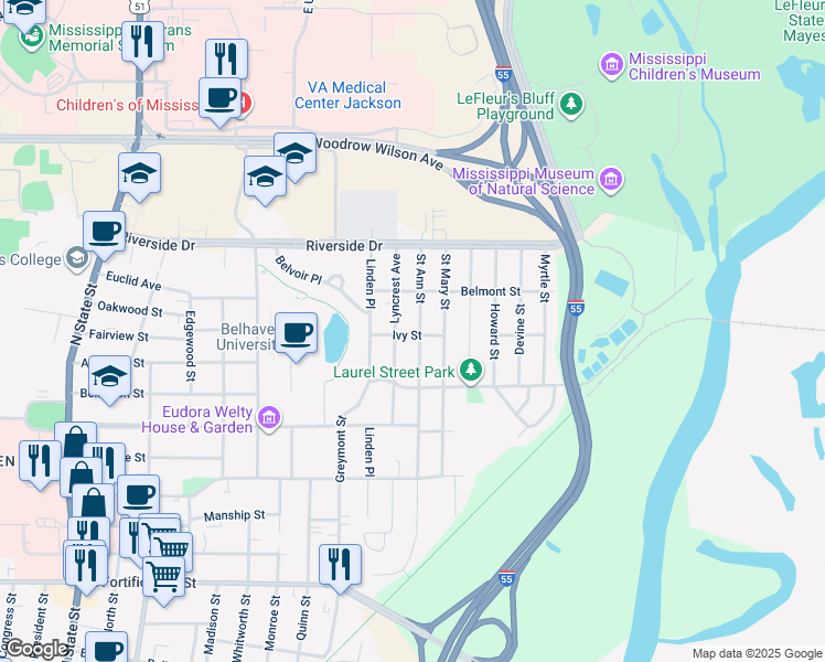 map of restaurants, bars, coffee shops, grocery stores, and more near 1703 Saint Ann Street in Jackson