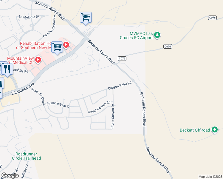 map of restaurants, bars, coffee shops, grocery stores, and more near 607 Stone Canyon Drive in Las Cruces