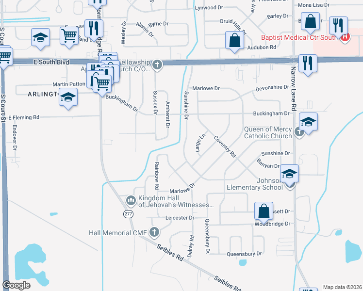 map of restaurants, bars, coffee shops, grocery stores, and more near 4360 Sunshine Drive in Montgomery