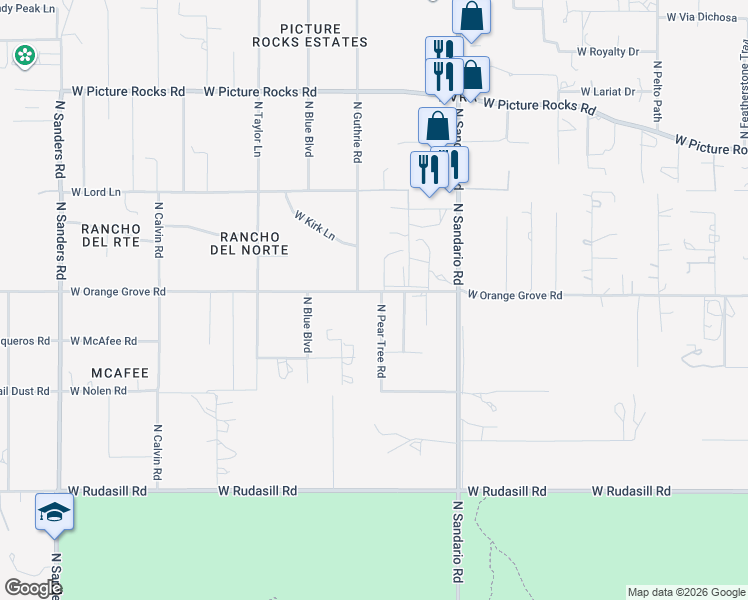 map of restaurants, bars, coffee shops, grocery stores, and more near 11961 West Orange Grove Road in Tucson